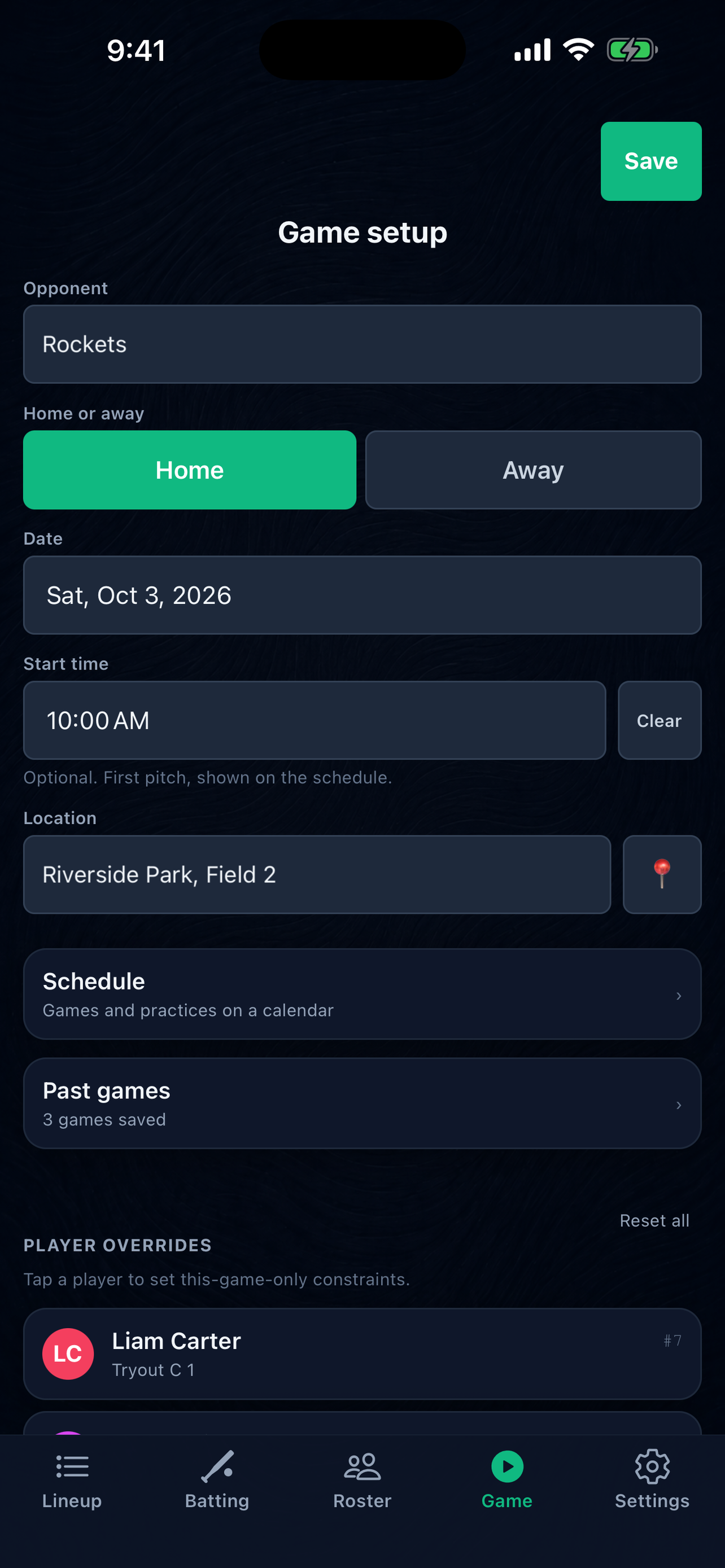 Game setup and player overrides