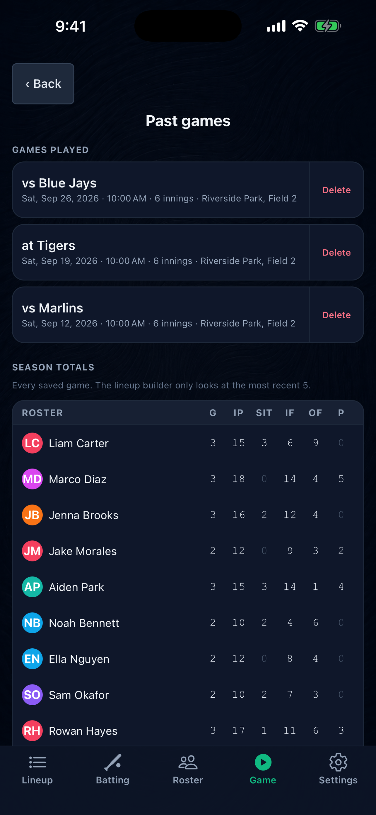 Saved game history and season totals
