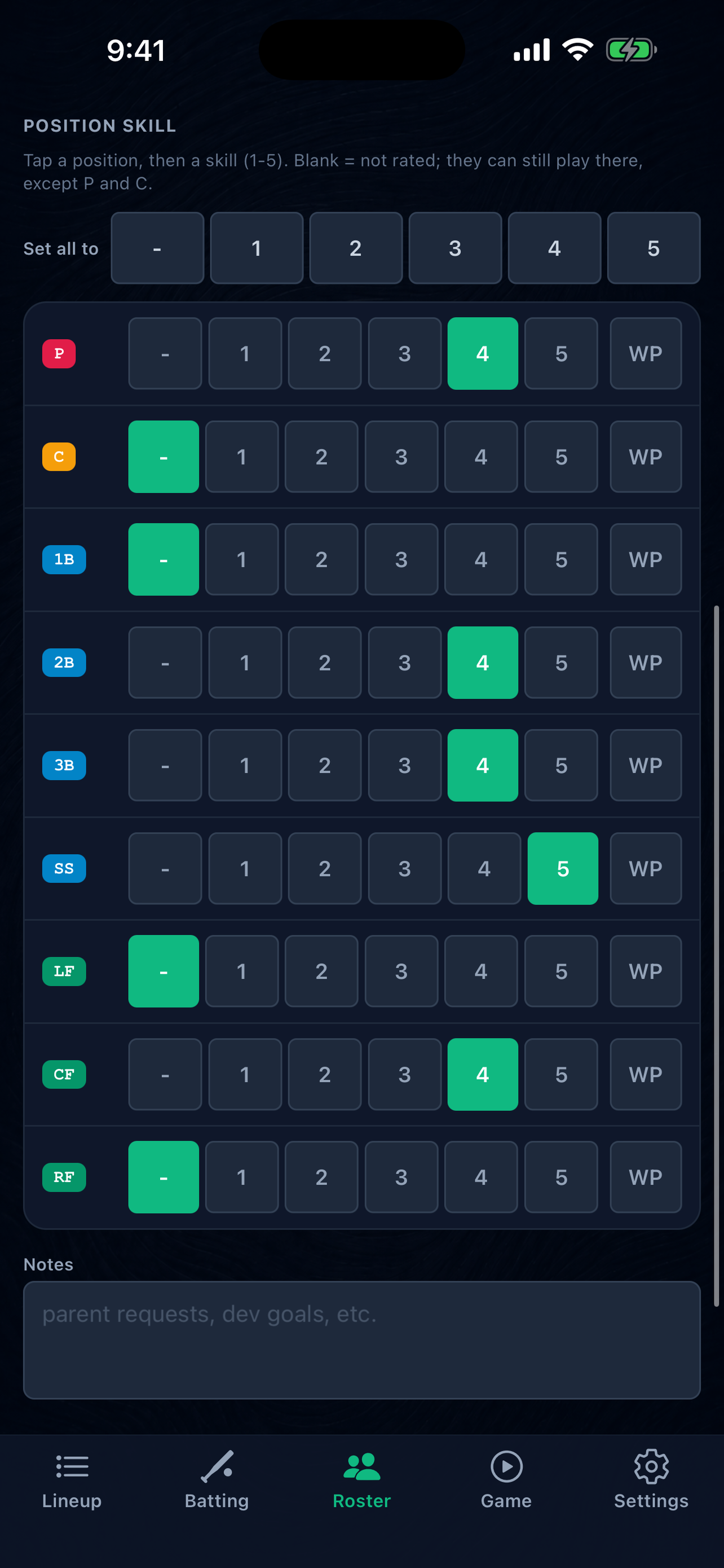 Player position skill ratings in Unbenched