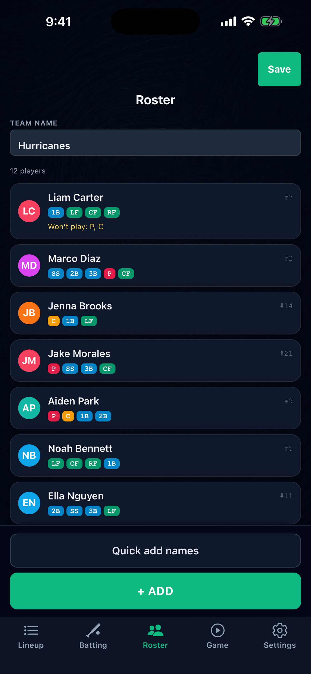 Team roster with eligible positions