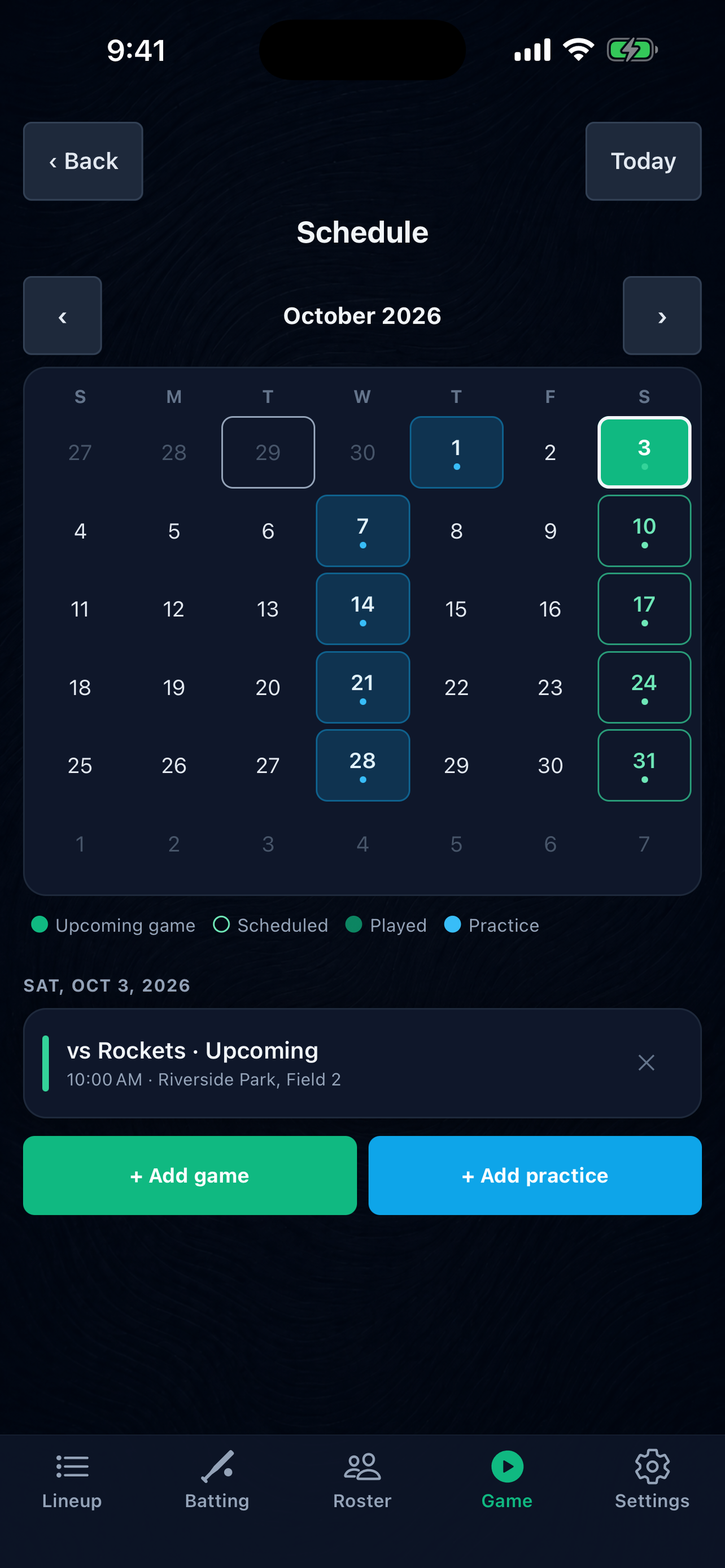 Team game and practice schedule