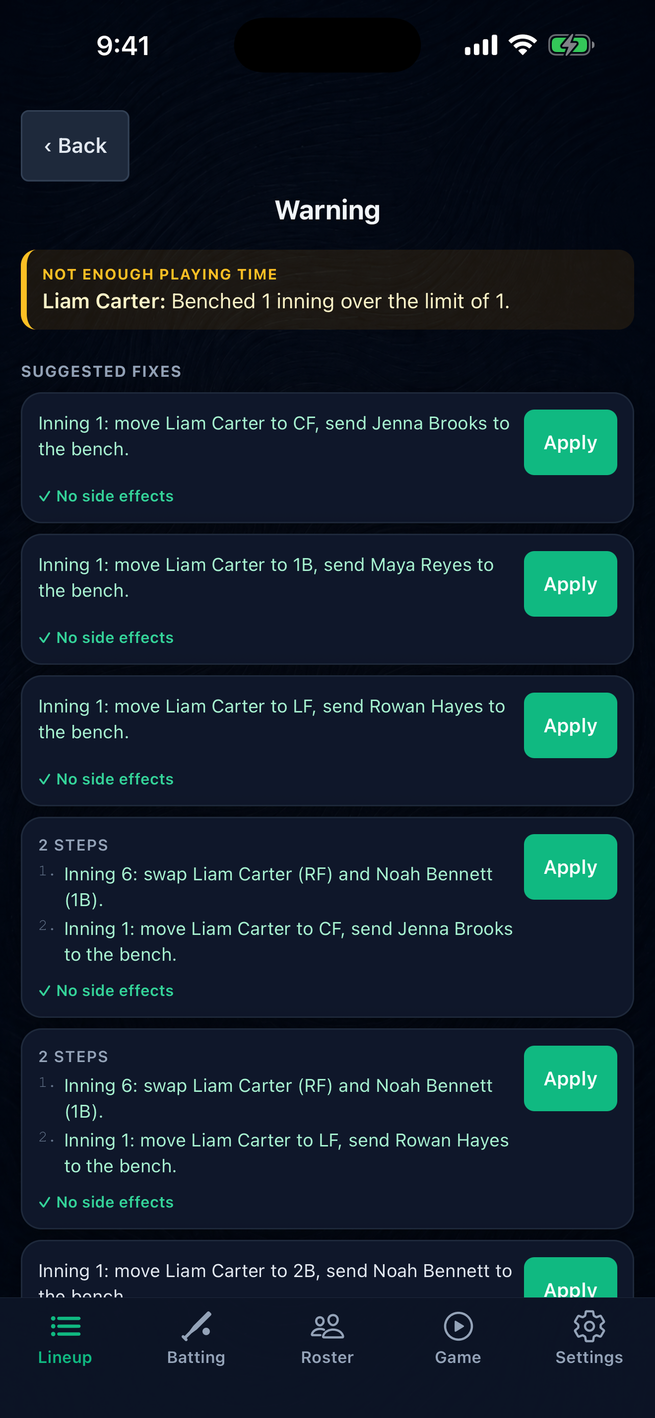 Suggested fixes for a playing-time warning in Unbenched